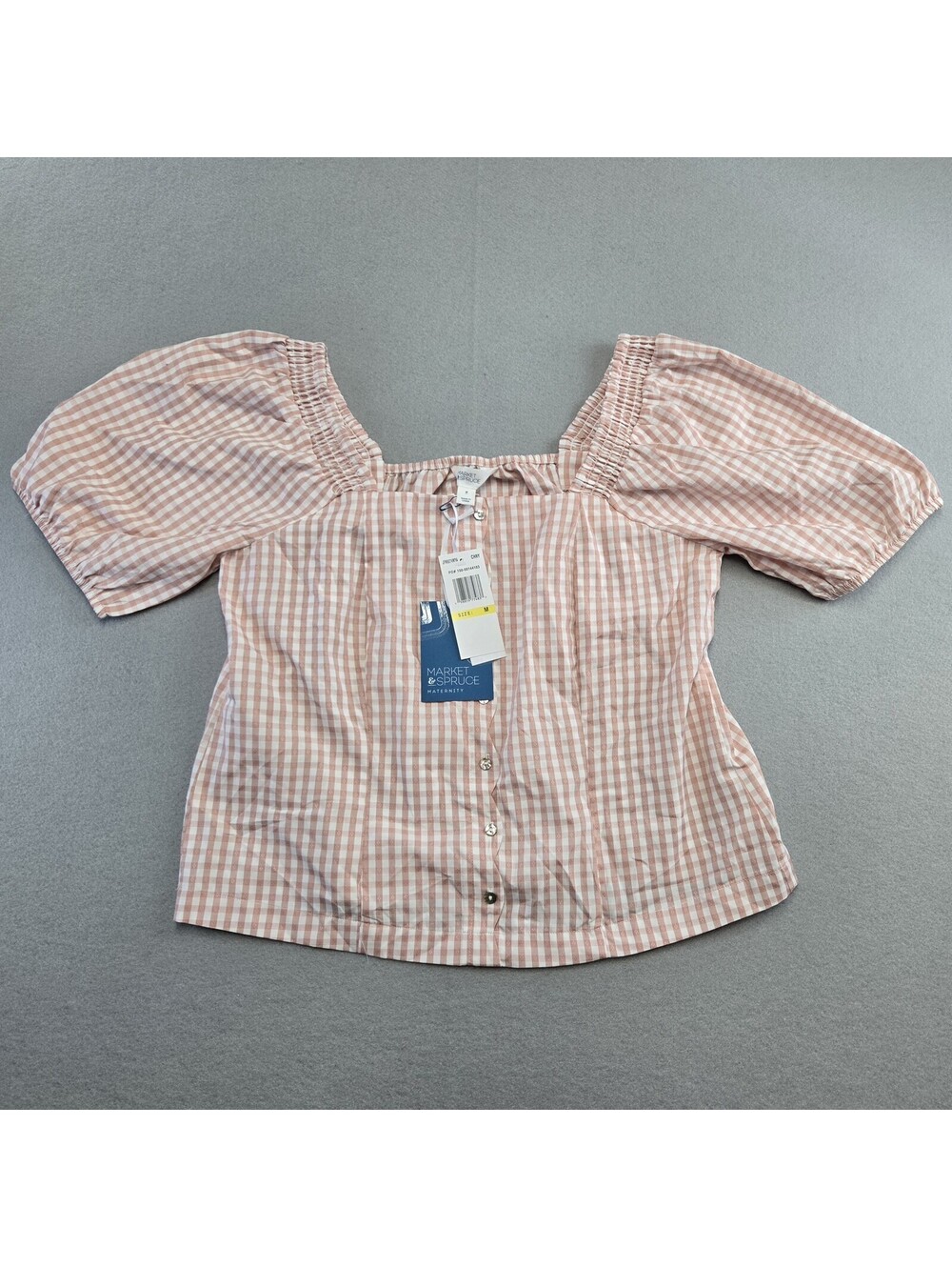 Market & Spruce Maternity Tati Square Neck Blouse M Pink Gingham Puff Sleeve NWT